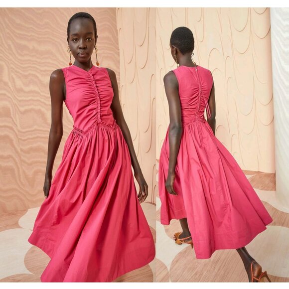 Ulla Johnson Mimi Ruched Midi Dress in Rosebud Pink - Picture 1 of 7